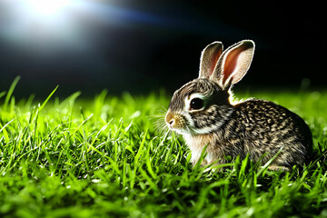 Obraz premium Cute Rabbit Sitting on Lush Green Grass Under Soft Lighting in a Dark Environment