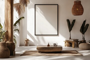 Bohemian Minimalist Living Room Interior with Mockup Poster