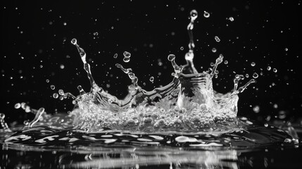 Monochrome Water Crown Splash with Droplets and Reflections