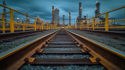 Fototapeta premium Railroad Tracks Leading to Oil Refinery at Dusk