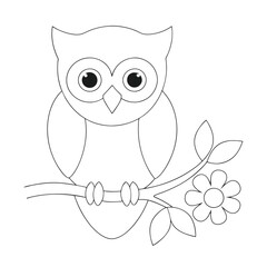 Adorable Cartoon Owl with Big Eyes Perched on a Branch for Coloring Pages and Creative Projects