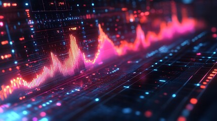 A 3D futuristic graph glowing with luminous data points, surrounded by sci-fi holographic interfaces, vibrant neon effects, and set in a sleek, dark, high-tech digital grid environment. --ar 16:9