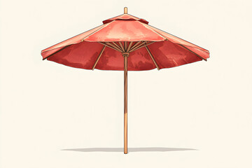 Obraz premium Bright Red Umbrella with Wooden Pole Isolated on Light Background for Summer or Beach Themes