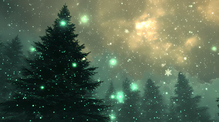 Naklejka premium Green lights twinkle on a festive christmas tree set against a calm winter wonderland Twinkle. Illustration