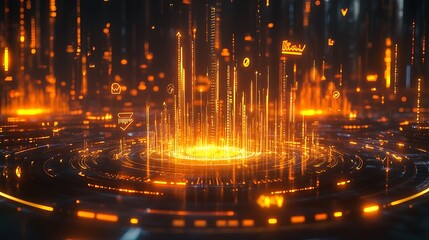 Naklejka premium A bold 3D financial graph crafted from glowing gold, with sharp upward arrows highlighted by dynamic lighting, surrounded by floating stock market symbols,