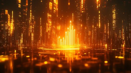 Naklejka premium A conceptual 3D rendering of a golden business chart with ascending arrows, glowing softly in a vibrant financial setting, surrounded by stock market indicators, dynamic reflections,