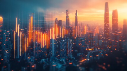 Fototapeta premium A conceptual bar graph of skyscrapers, each building representing financial growth, glowing softly under a futuristic city skyline,
