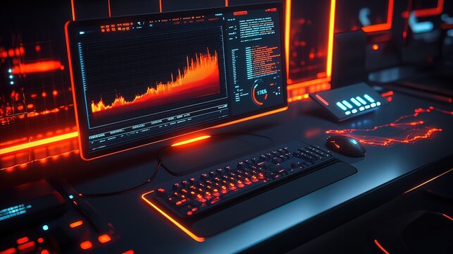 Futuristic computer displaying financial data graphs and charts in a dark room with red lighting.