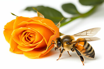 Close-Up of a Honey Bee on a Vibrant Orange Rose Flower with Green Leaves against a Clean Background