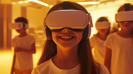A girl wearing a virtual reality headset is smiling at the camera. She is surrounded by other children who are also wearing VR headsets. The scene appears to be a classroom setting