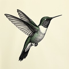 Fototapeta premium Delicate hummingbird in flight, hand-drawn engraving for nature-themed wall art.