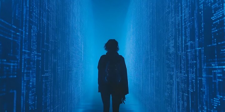 Silhouette of a woman walking through a digital tunnel of binary code,representing the concept of navigating the complex world of technology and data