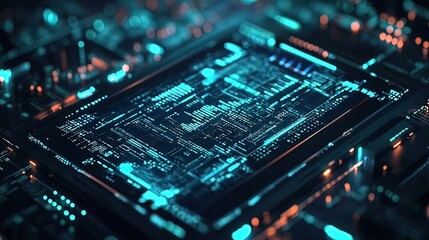 Futuristic digital interface with glowing circuits and data streams.