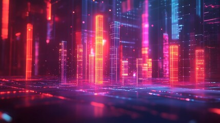 Fototapeta premium A conceptual futuristic graph with vibrant glowing bars ascending, surrounded by holographic data and digital investment icons,