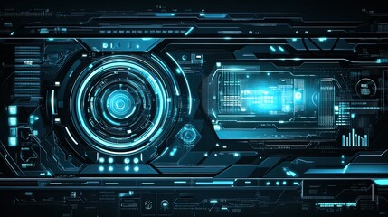 Futuristic digital interface with glowing blue HUD elements and technological details.