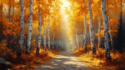 Obraz premium In autumn, birch trees grow golden leaves