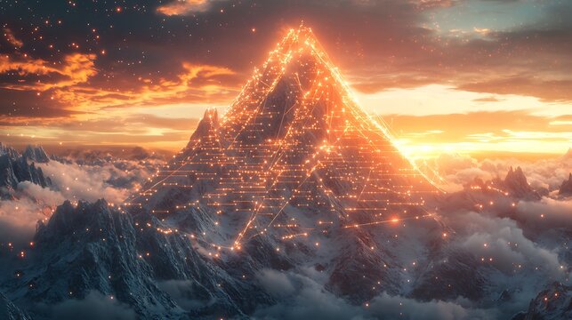 A conceptual mountain graph with investor silhouettes scaling the sides, dramatic clouds surrounding the peak, glowing data lines etched into the mountain surface, realistic rock textures,