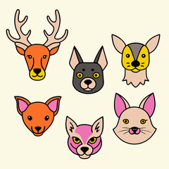 collection of cat head dog head dear head fox set of funny cartoon animals