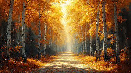 Fototapeta premium In autumn, birch trees grow golden leaves