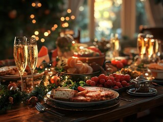 Fototapeta premium Capture the festive table setting with gourmet dishes, champagne, fairy lights, laughter, and a warm, celebratory mood