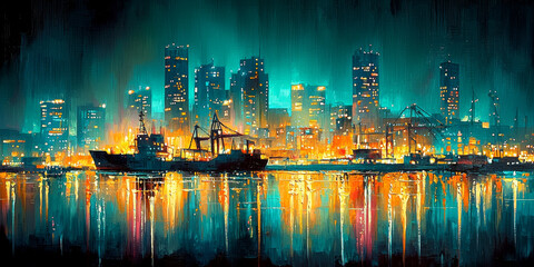 Fototapeta premium Vibrant Nighttime Urban Landscape with Harbor Scene