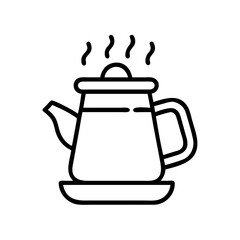 steaming coffee pot icon, coffee day line art, coffee day icon - simple black line art icon of steaming coffee pot, symbolizing coffee day celebrations. coffee day vector art.