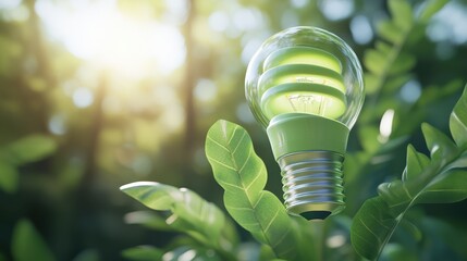 Closeup of a green ecofriendly lightbulb, showcasing its design and importance in promoting sustainable energy and Earth Day initiatives