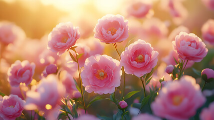 Obraz premium Pink Peonies Blooming in Golden Sunlight - Realistic Image