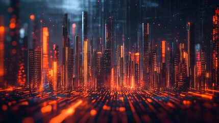 Fototapeta premium A detailed 3D bar graph transformed into futuristic skyscrapers, glowing data streams weaving between them, set in a sleek urban environment with reflective surfaces and soft neon accents. --ar 16:9