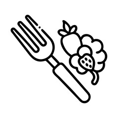 fork with veggies icon, vegetarian day line art, vegetarian icon - simple black line art icon of fork with veggies, or vegetarian day celebrations. vegetarian day vector art.