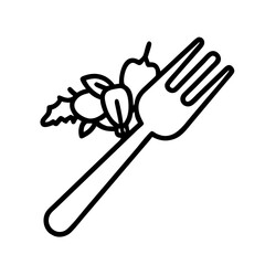 fork with veggies icon, vegetarian day line art, vegetarian icon - simple black line art icon of fork with veggies, or vegetarian day celebrations. vegetarian day vector art.