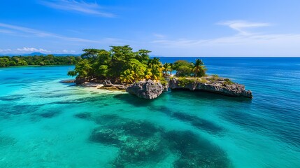 island in the middle of clear blue water, with palm trees and colorful fish swimming around it. Generative AI