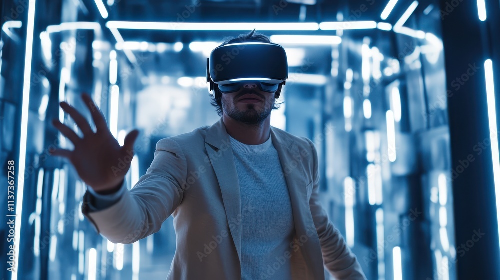 Poster handsome man experiencing virtual reality while using vr headset