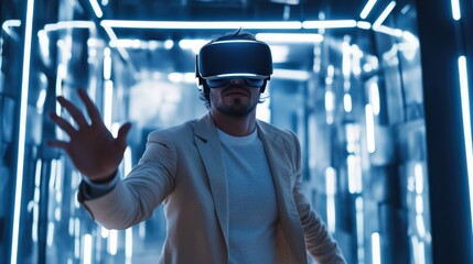 Handsome man experiencing virtual reality while using vr headset