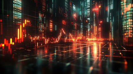 Naklejka premium A dynamic financial graph with glowing stock ticker symbols and vibrant upward and downward arrows, surrounded by soft neon light effects, a dark and sleek futuristic backdrop,