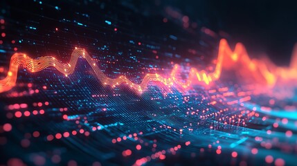 Fototapeta premium A dynamic holographic graph with glowing data points suspended in mid-air, surrounded by digital interfaces, vibrant neon light trails,