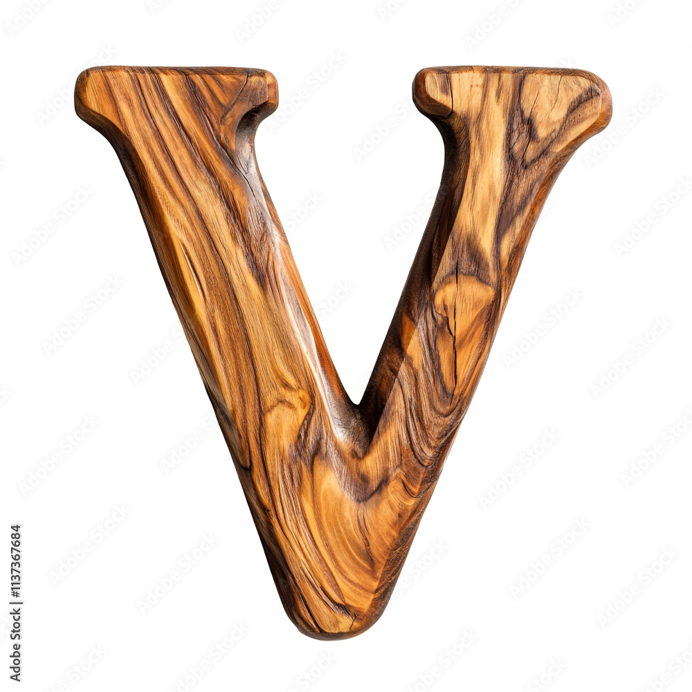Poster wooden consonant letter v displayed on a transparent transparent background, emphasizing its texture