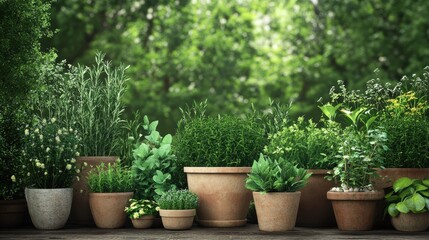 Lush herb garden with diverse greenery in pots