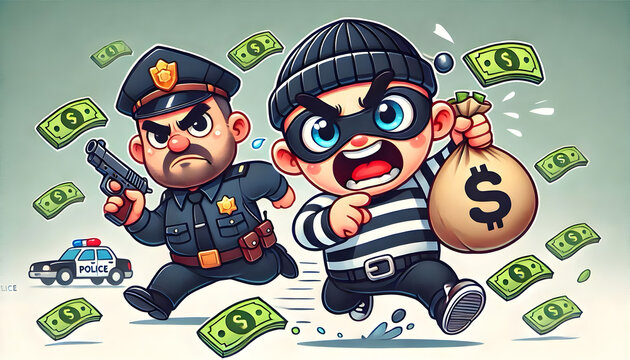 A funny and cute scene featuring a mischievous thief with a sly grin running while clutching a bag of loot