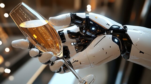 Design a robotic hand holding virtual champagne, futuristic and sleek