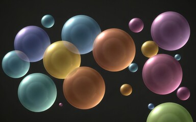 A collection of colorful, translucent spheres floating against a dark background.
