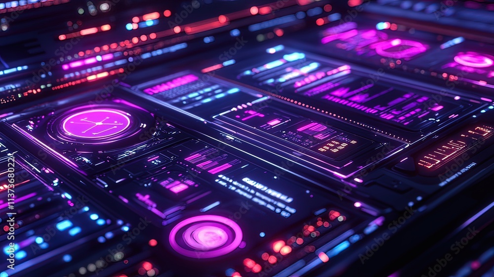 Poster futuristic neon digital interface with glowing panels and data displays.