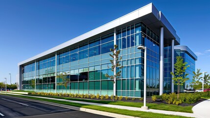 Obraz premium A modern office building exterior with large glass windows under a clear blue sky.
