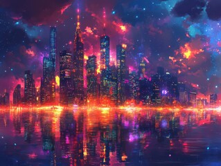 Embrace the vibrant energy of a city skyline with glowing lights and colorful reflections