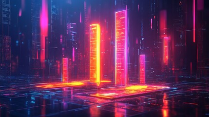 Naklejka premium A futuristic business graph with radiant bars glowing brightly, surrounded by vibrant holographic symbols of investment data, sharp reflections on a dark metallic base,
