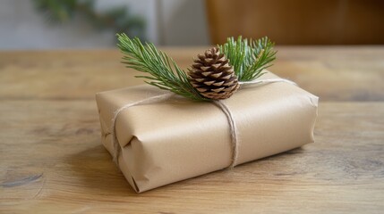 Rustic Christmas gift wrapped in brown paper with pine cone and greenery on wooden background. Perfect for eco-friendly holiday packaging or seasonal gift giving.