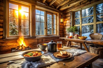 Fototapeta premium Snowy forest view, cozy log cabin: wood stove warmth, delicious food photography.