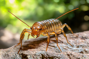 Close-Up of a Brown Insect with Long Antennae Crawling on a Rock in Nature Environment under Soft Green Blur Background