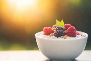 A bowl of cereal with raspberries and nuts