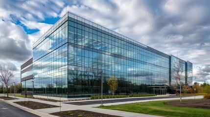 A sleek office building exterior made of reflective glass under a cloudy sky.